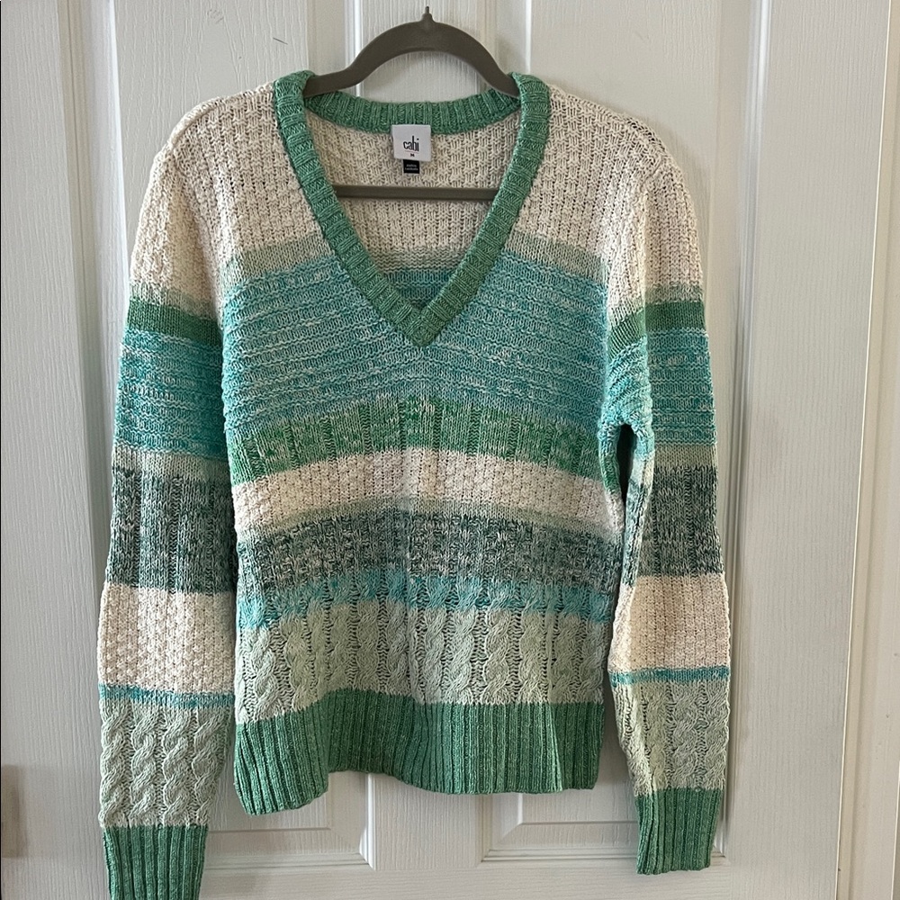 CAbi Women's Green and Cream V-Neck Sweater
